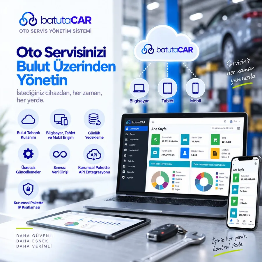 BatutaCar bulut altyapısı — bilgisayar, tablet ve mobil cihazlardan erişim, günlük yedekleme ve ücretsiz güncellemeler