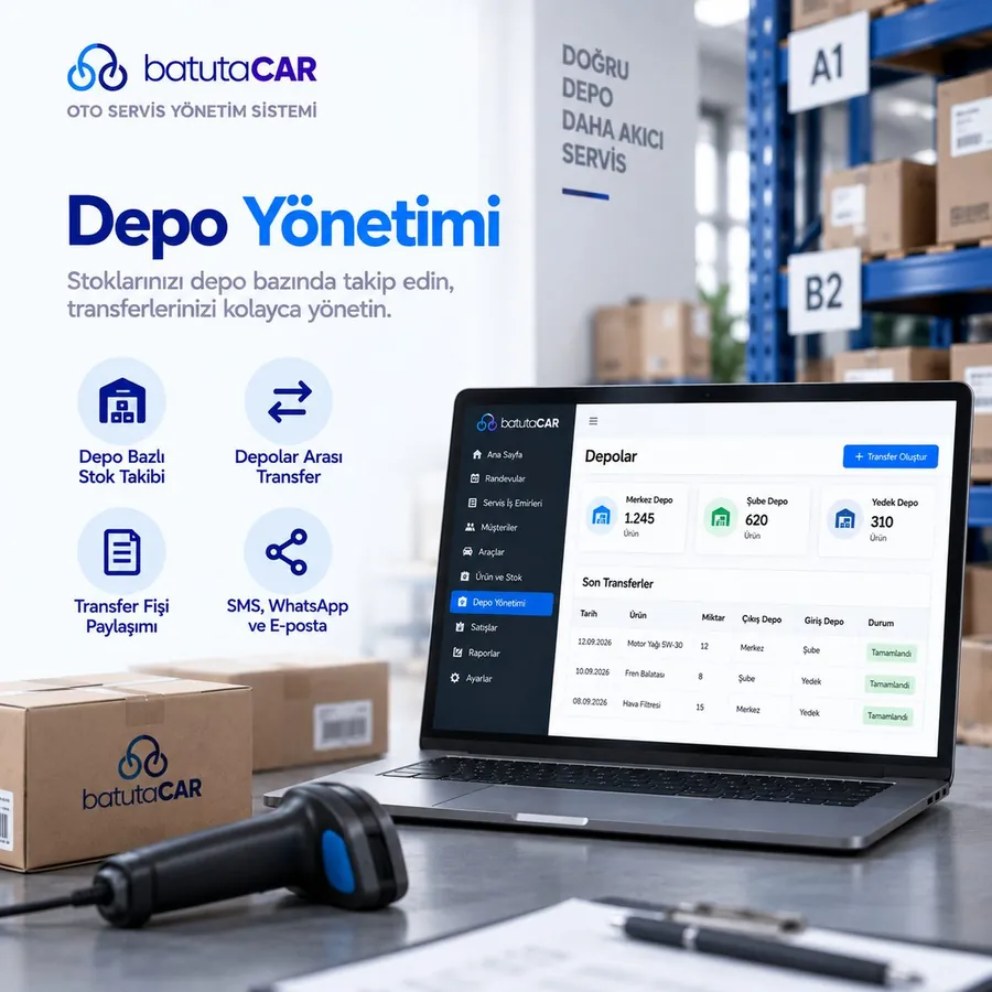 BatutaCar depo yönetimi ekranı — depo bazlı stok takibi, depolar arası transfer ve transfer fişi paylaşımı